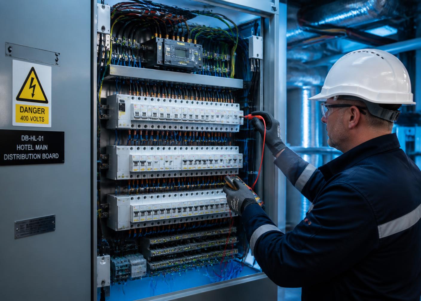 Electrical testing of a distribution board in a commercial plant room