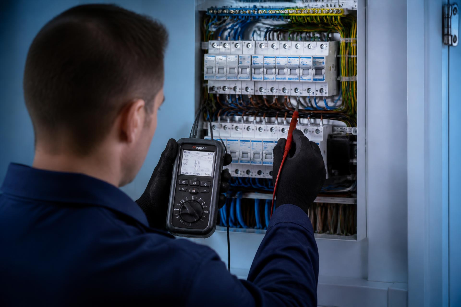 Electrician carrying out electrical testing on a distribution board